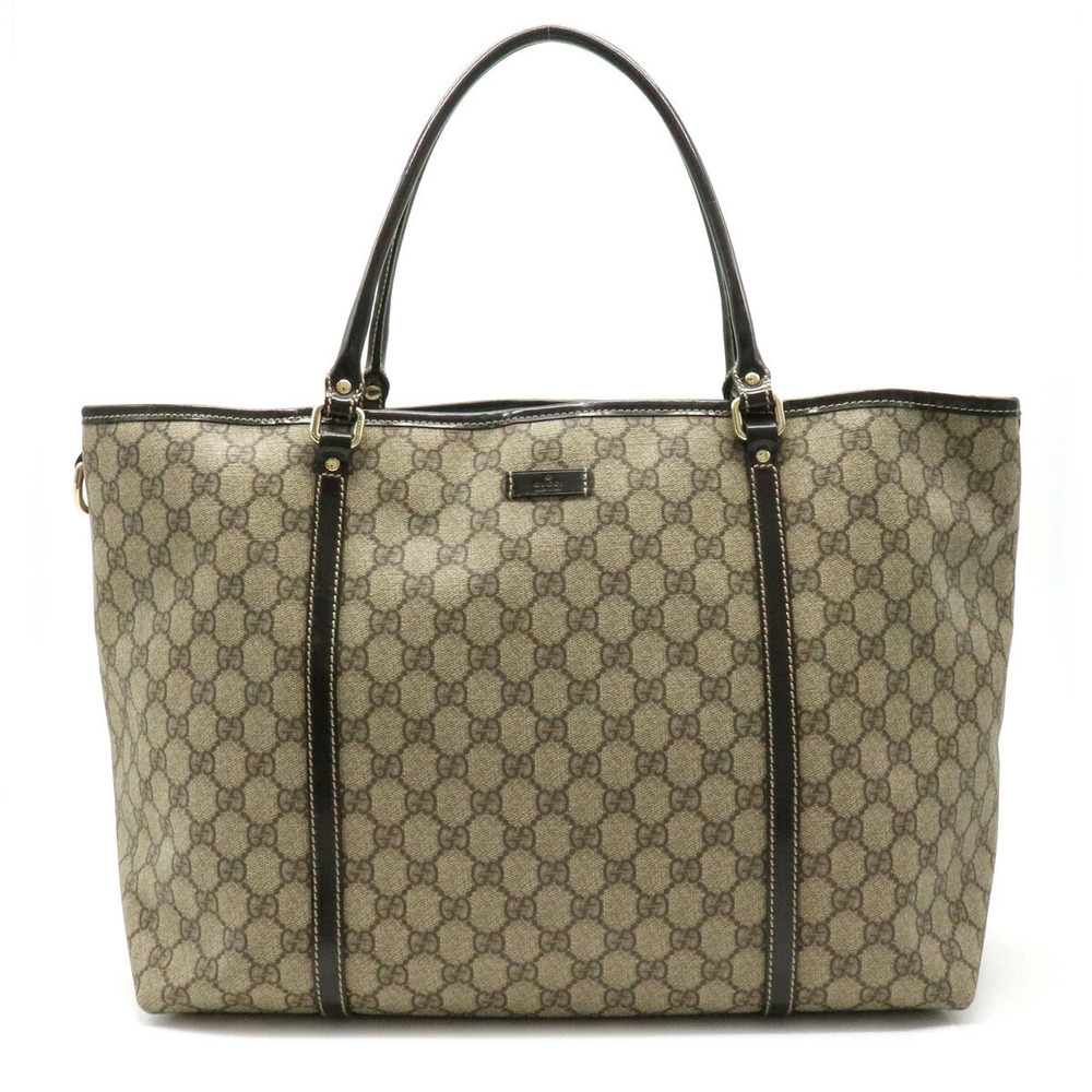 Gucci GG Supreme Tote Bag Shoulder Patent Vernis Leather Beige Cream Dark Brown